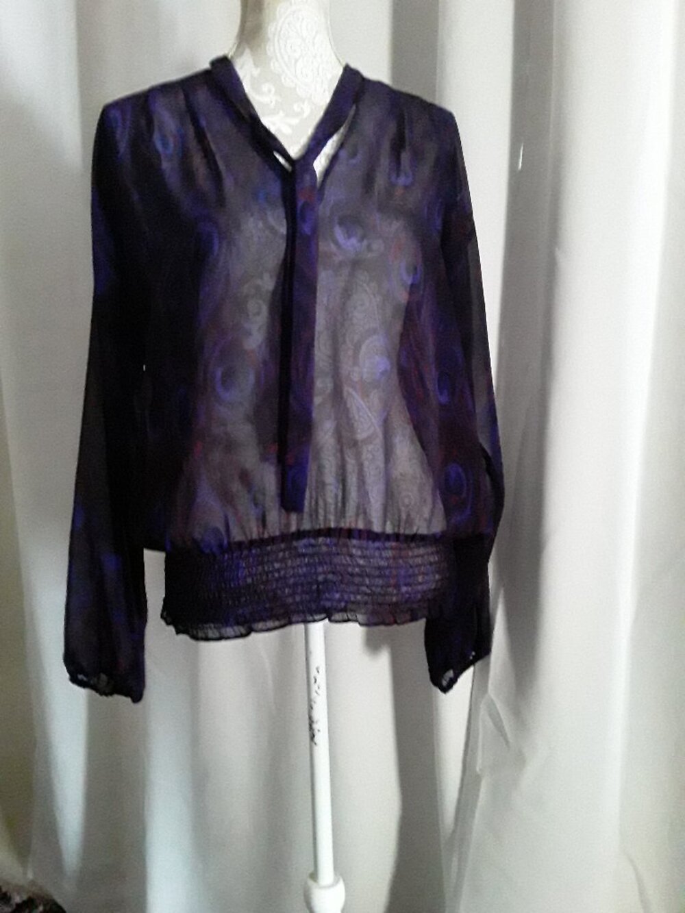 Micheal Michael Kors beautiful purple sheer peacock tie neck top size L